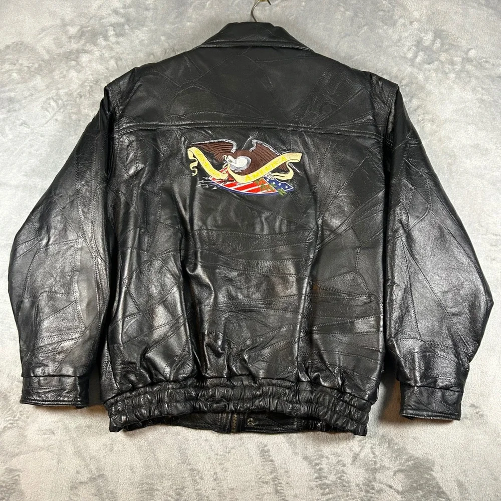 Vintage Patchwork Black Leather Bomber Jacket American Flag Eagle Mens Medium